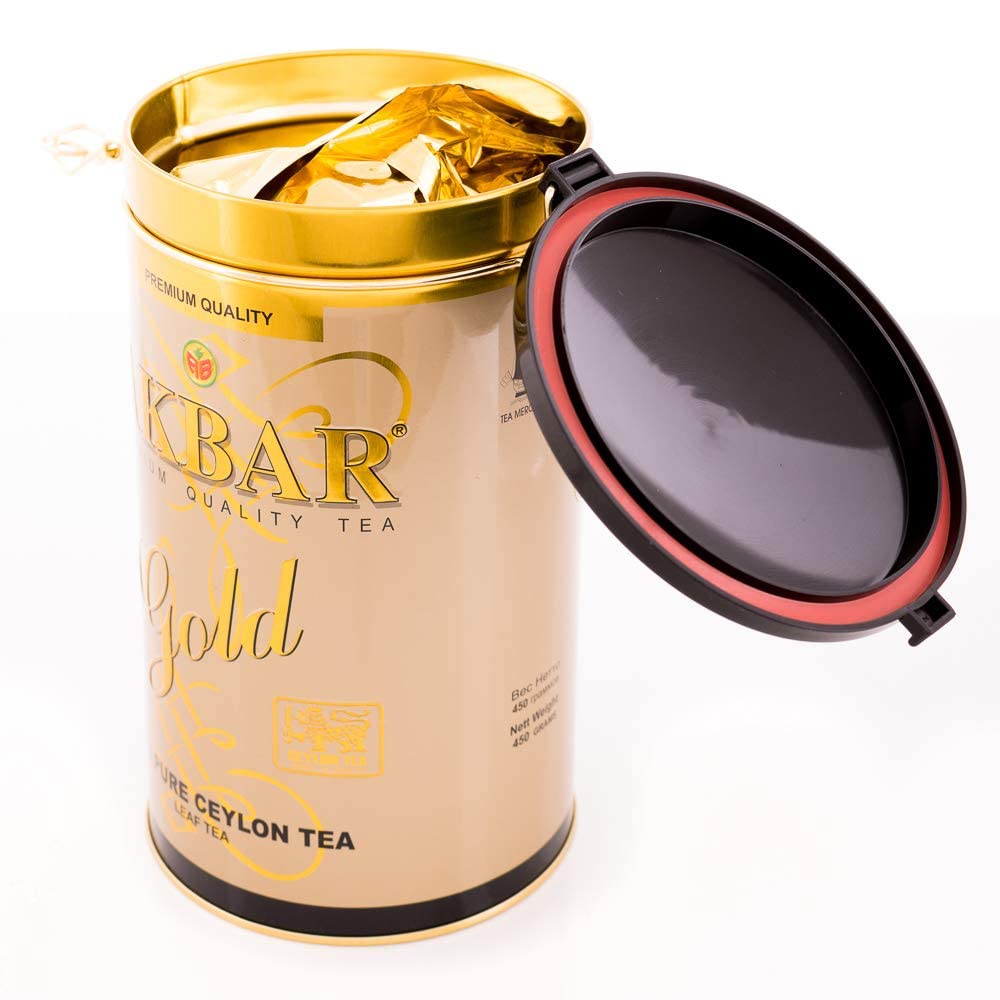 Akbar Gold – 100% Pure Ceylon Loose Leaf Black Tea, FBOP Grade, Premium Gold Tin 450g | Smooth Sri Lankan Blend | Flowery Broken Orange Pekoe