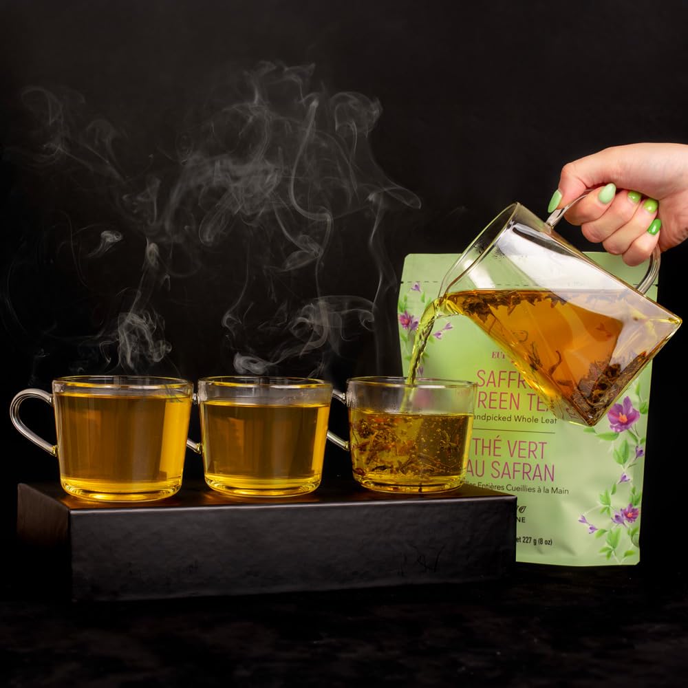 Eupherbia Saffron Green Tea, Handpicked, Highland Grown Whole Leaf Tea, Enriched with 3 Grams of Premium Saffron Threads, Herbaceous, Grassy, Bittersweet, 227g (8 oz)