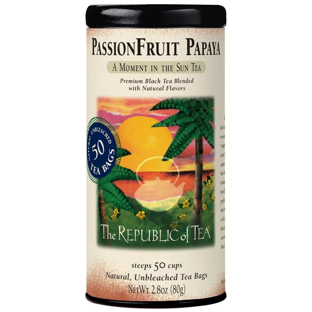 The Republic of Tea Passion Fruit Papaya Black Tea, 50 Count | Naturally Caffeinated. Made for morning or afternoon . Brisk and full-bodied with notes of juicy fruit and sweet-tart apple.