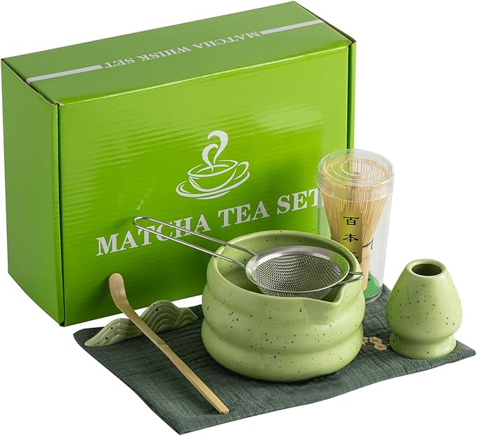 7Pcs Japanese Matcha Tea Set, Matcha Kit with Matcha Bowl (with Pouring Spout), Matcha Whisk, Whisk Holder, Strainer
