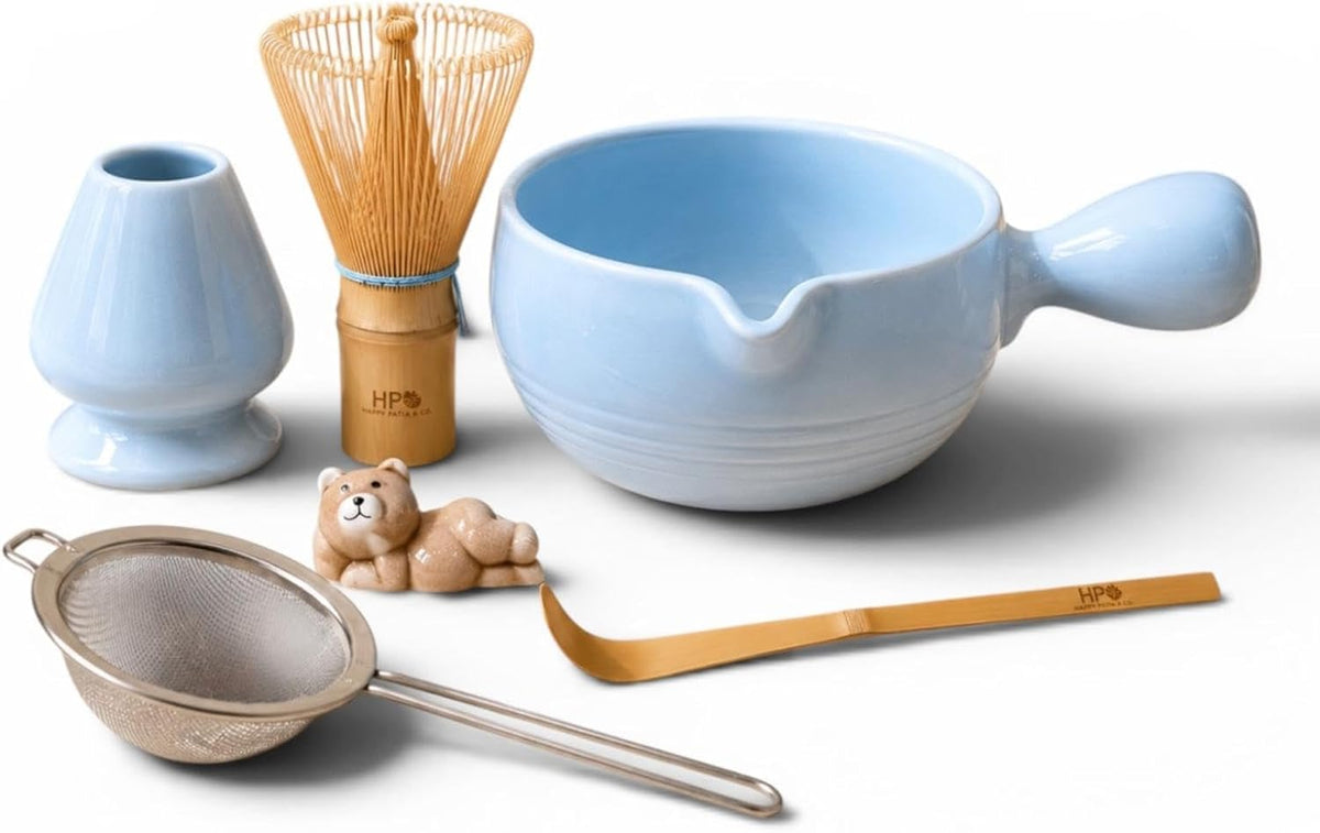HAPPY PATH &amp; CO Patented Matcha Bowl Set with Handle &amp; Spout - Spill-Free Pouring | Complete Matcha Set for Beginners | Includes Bamboo Whisk, Scoop &amp; Stand (Sky Bear - Pastel Blue)