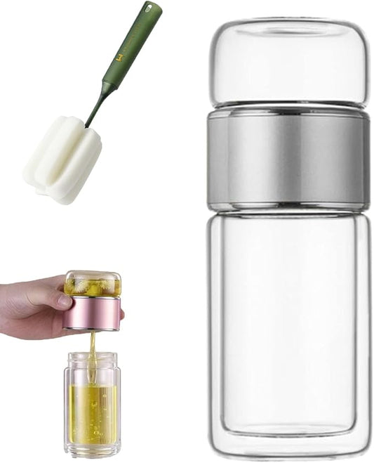 Glass Infuser, 3-in-1 smart Tea Infuser Double Wall Glass Teacup with infuser for Loose Tea, Portable Teas Steeper (Silver, 9.5oz)