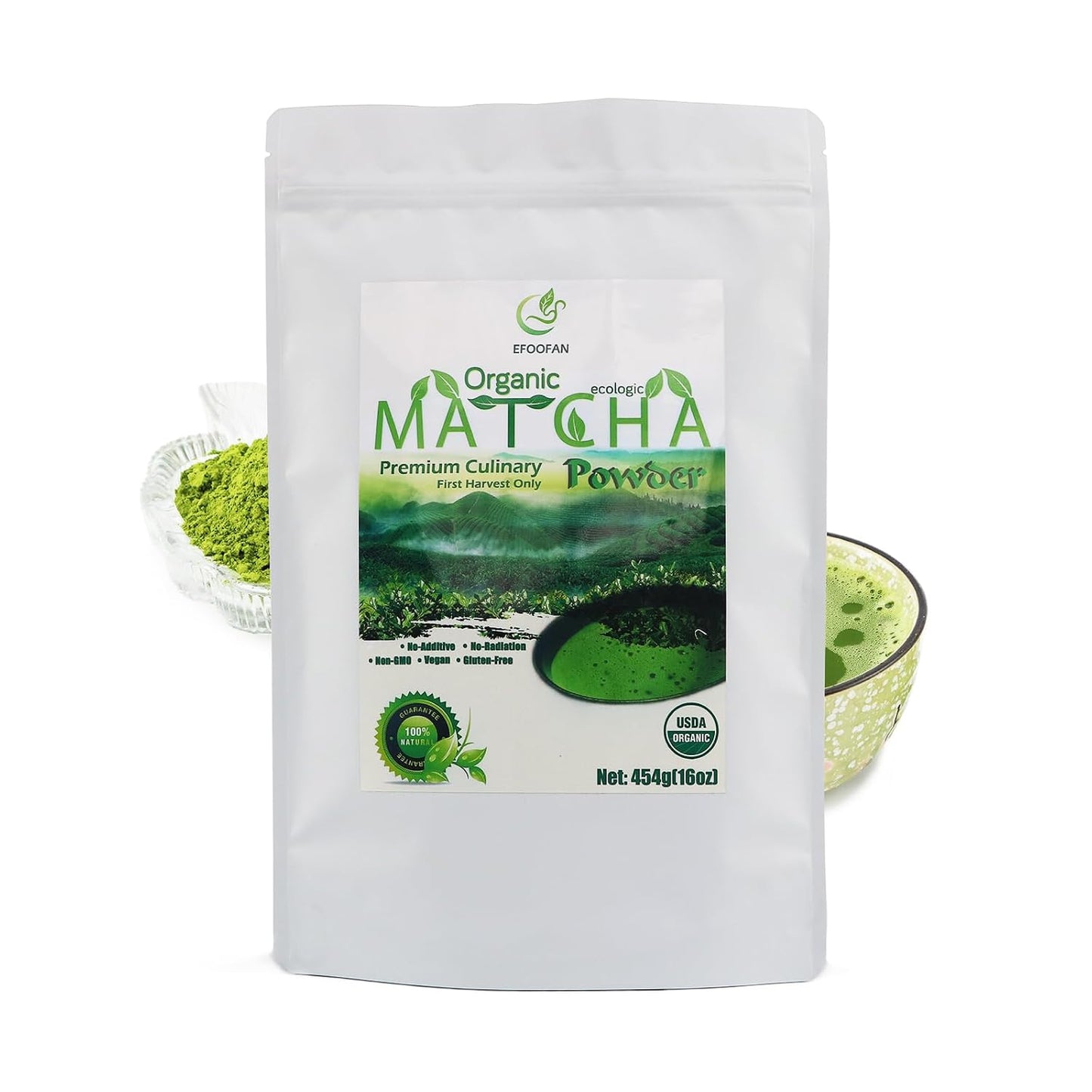 EFOOFAN Organic Premium Culinary Matcha Powder, Tencha Flavor, 16oz Bulk | USDA certified. Premium grade for baking, ice cream &amp; smoothies. Bulk size, great value. Finely ground. Resealable bag.