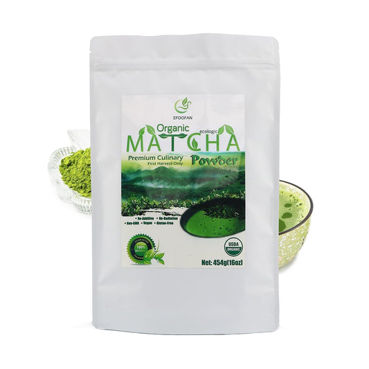 EFOOFAN Organic Premium Culinary Matcha Powder, Tencha Flavor, 16oz Bulk | USDA certified. Premium grade for baking, ice cream &amp; smoothies. Bulk size, great value. Finely ground. Resealable bag.
