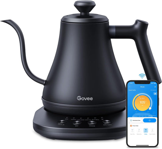 Govee Smart Electric Kettle, WiFi Variable Temperature Gooseneck Tea Kettle | Pour Over Kettle and Electric Tea Kettle, Alexa Control, 1200W Quick Heating, All Stainless Steel, 0.8L Matte Black