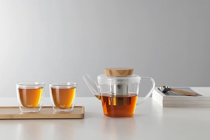 Viva Infusion Borosilicate Glass Tea Pot for Stovetop with Loose Leaf Tea Infuser Mesh - 34 ounce/1 Liter - Modern Teapot Features Bamboo Wood Lid