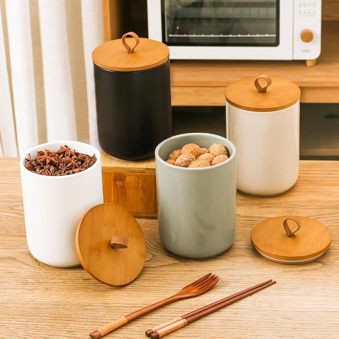 Large Ceramic Storage Jars, Modern Elegant Highly Polished Airtight Gorgeous Storage Canisters with Wooden Lid Food Storage Jar for Kitchen Spice Tea Vanilla Sugar Coffee Beans (Black)