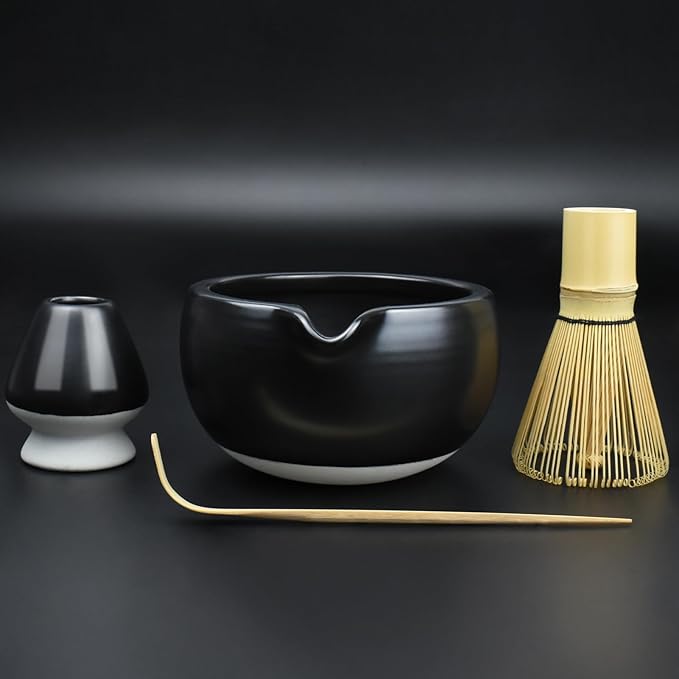 Artcome 4 Pcs Complete Matcha Ceremony Kit - Bowl With Pouring Spout, Whisk, Holder, Scoop - Japanese Tea Set for Making Usucha