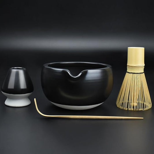 Artcome 4 Pcs Complete Matcha Ceremony Kit - Bowl With Pouring Spout, Whisk, Holder, Scoop - Japanese Tea Set for Making Usucha