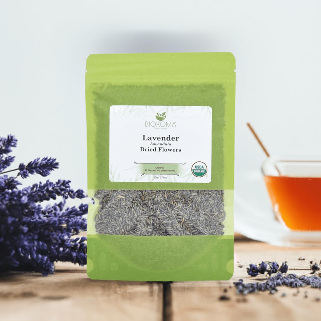 Biokoma Organic Lavender (Lavandula) Dried Flowers 50g (1.76oz) - Relax - DIY - Resealable Moisture Proof Pouch, USDA Organic Herbal Tea Caffeine-Free, No Additives, No Preservatives, No GMO, Kosher
