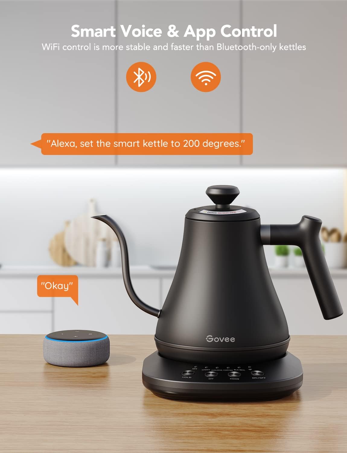 Govee Smart Electric Kettle, WiFi Variable Temperature Gooseneck Tea Kettle | Pour Over Kettle and Electric Tea Kettle, Alexa Control, 1200W Quick Heating, All Stainless Steel, 0.8L Matte Black