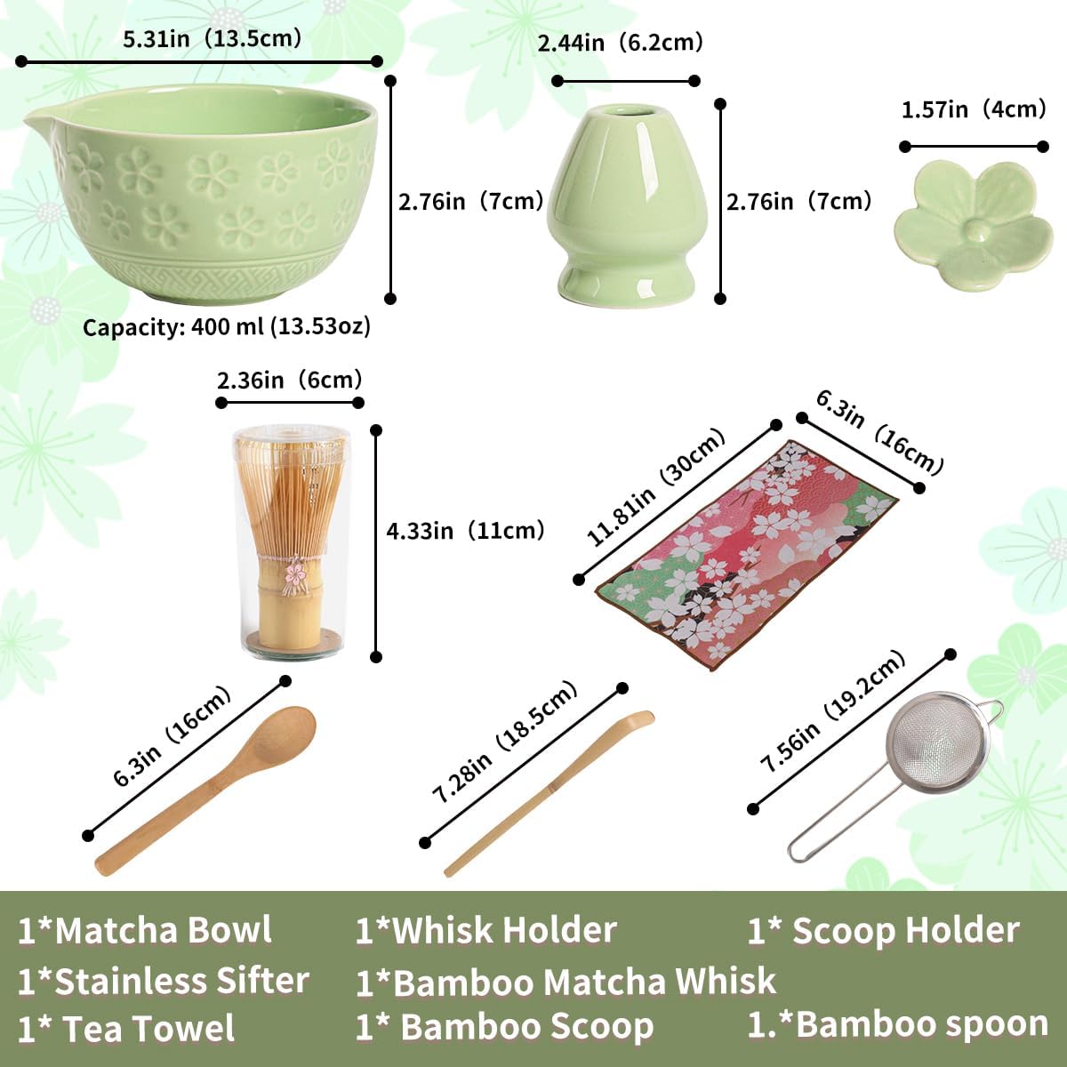 8-Piece Matcha Ceremony Set - Tea Kit with Cherry Blossom Bowl, Bamboo Whisk, Wood Scoops, Tea Cloth &amp; Floral Display - Gift-Ready Pink Cherry color box (green)