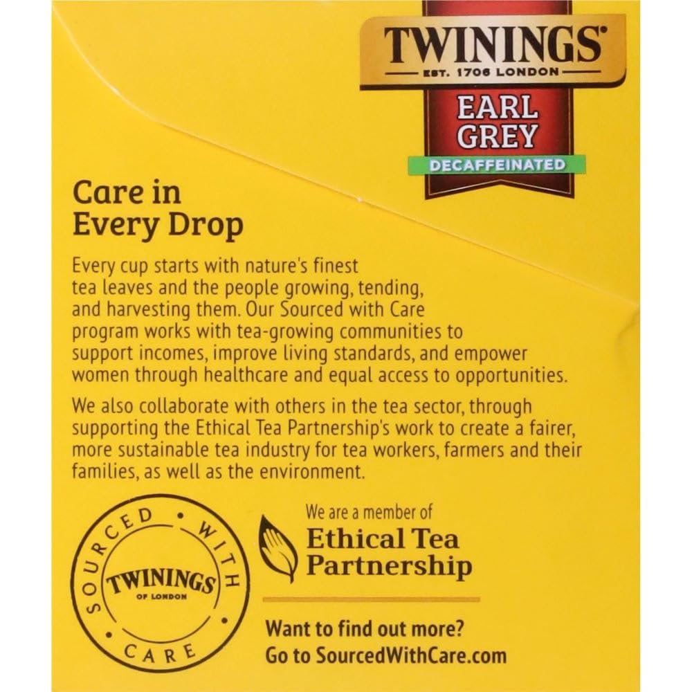 Twinings Decaffeinated Earl Grey Black Bergamot Tea Bags 20 CT Box (1 Pack) | Classic Black Tea, Light &amp; Citrusy, Without Caffeine, 20 Foil Lined Individually Wrapped Bags, Enjoy Hot or Iced