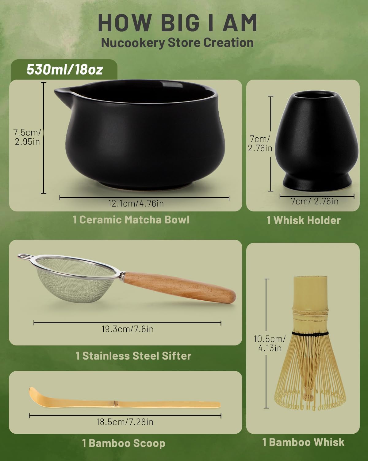 Nucookery Matcha Set with 18oz Ceramic Bowl Bamboo Whisk Kit 5pcs, Black | cute japanese matcha whisk set with spout chawan, chasen, scoop, sifter holder for beginners, tea lovers, starter tools, Gift