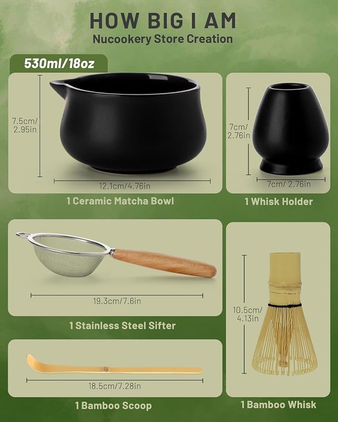 Nucookery Matcha Whisk Set - 5 Pcs Matcha Set with 18oz Ceramic Matcha Bowl (Chawan) with Spout, Bamboo Whisk & Holder, Scoop and Sifter
