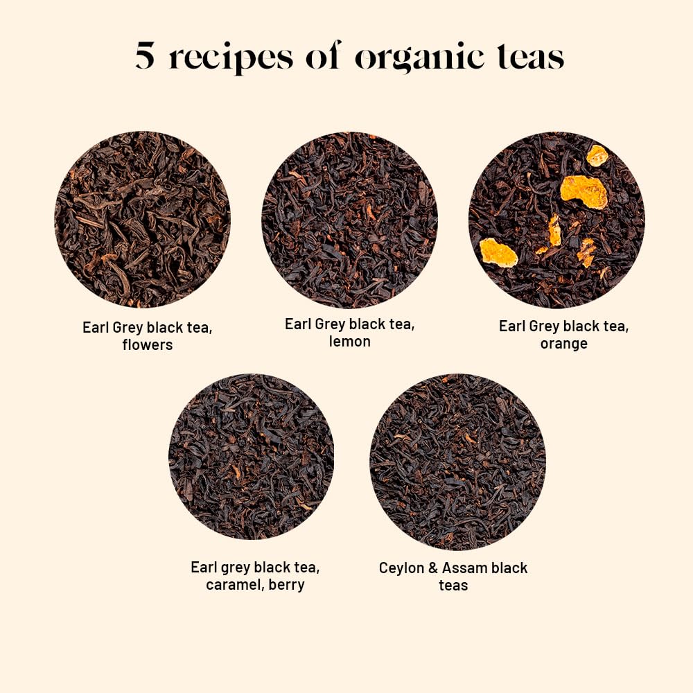 Kusmi Tea - Organic Black Tea Variety Box + Tea Infuser - Gift Idea for Men and Women - Flavoured Black Tea, Earl Grey, Ceylon - A Selection of 5 Iconic Flavors - Loose Leaf Tea - 5 Tins of 0,9 oz