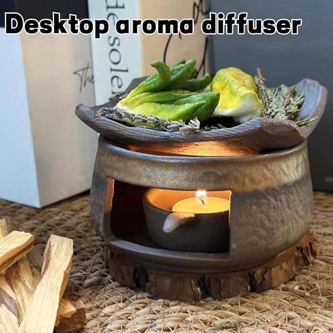 Ceramic Tea Stove Warmer Set, Cedar and Zen Aromatherapy Burner,Handmade Ceramic Candle Wax Melts Warmer with Tealight Holder,Multi-Functional Teapot and Heater,for Home Office Hotel Meditation (A)