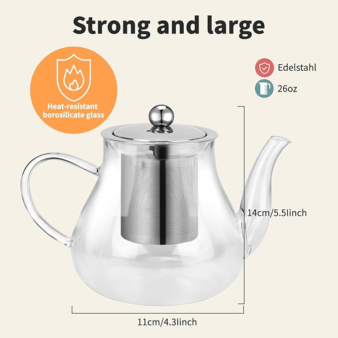 Glass Teapot 28oz/800ml with Removable Infuser, Borosilicate Clear Tea Kettle, Stovetop Safe Tea Kettle Blooming Loose Leaf Teapots, for Camping