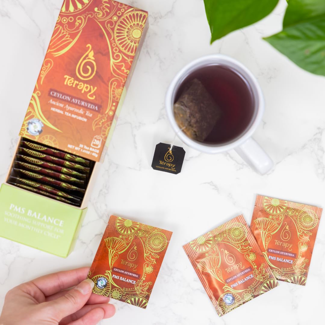 TERAPY Ceylon PMS Balance Tea for Women - Period Tea for PMS Relief, Menstrual Cycle and PCOS, Herbal Blend with Shatavari, Red Hibiscus, Cumin &amp; More - No Artificial Additives - 20 Teabags, 1 Pack
