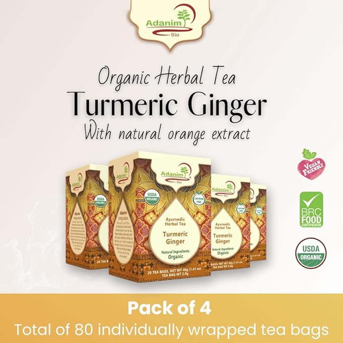 Adanim Bio Ginger Turmeric Tea, Value Pack 80 Teabags, Caffeine-free Organic Blend of Soothing and Flavorful Herbal Infusion for Overall Well-being