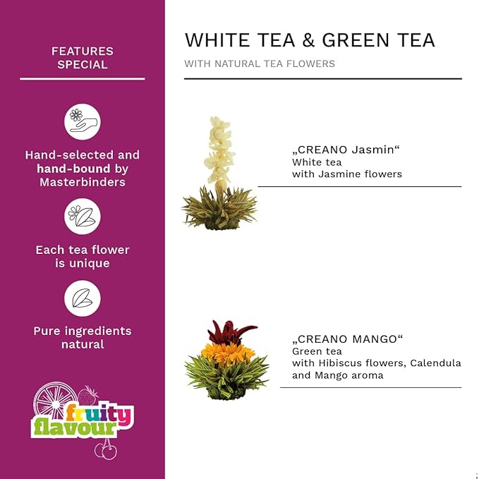 Creano Glass Teapot 34oz (1000ml) with removable stainless steel Tea Infuser - includes 2 Blooming Teas - Giftset - Tea Kettle and Tea Maker