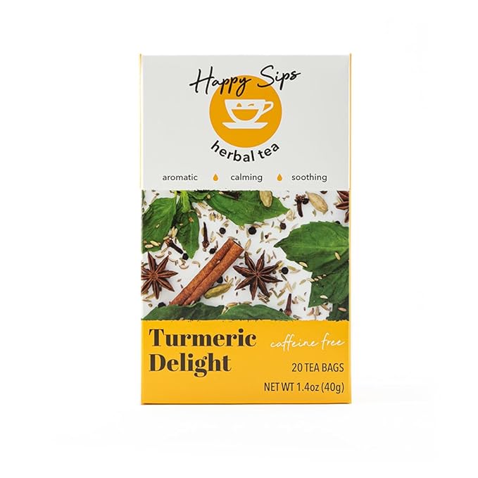 Happy Sips Herbal Tea – Turmeric Delight - Made of 11 Non-GMO Natural Herbs & Spices with No Artificial Flavor, Colors, or Additives, 100% Naturally Caffeine Free, 20 Individually Wrapped Tea Bags (Pack of 1)