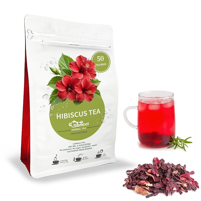 Samcci - Hibiscus Tea Bags, 50 Teabags - Premium dried hibiscus flower for tea - flor de jamaica natural - Non-GMO - Caffeine-free - Rich in Antioxidants & Support Digestion