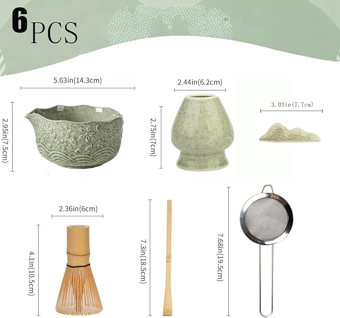 Matcha Whisk Set - 6 Pcs Matcha Set，Handcrafted Bamboo Chasen & Ceramic Bowl Matcha Kit,with Stainless Steel Sifter, Bamboo Scoop & Holder for Matcha Tea Ceremony (Mottled Green)
