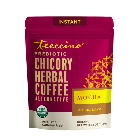 Teeccino Instant Organic Mocha Herbal Coffee - 33 servings – Instant Chicory Coffee Alternative with Lush Chocolate Slightly Sweetened by Dates That’s Prebiotic, Caffeine-Free - 3.53 Ounces