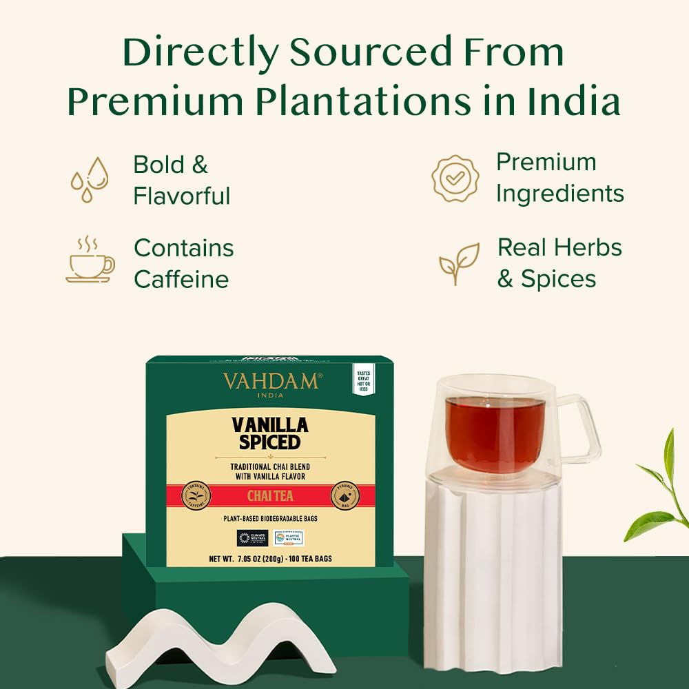 VAHDAM Vanilla Chai Teabags (100 Count) Vanilla Tea Blend Pyramid Tea Bags