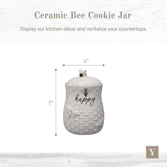 Young's Inc. Ceramic Honey Bee Cookie Jar with Lid and Handle – Honeycomb Design, 5.75" x 5.83" x 7.87", Decorative and Functional Kitchen Storage