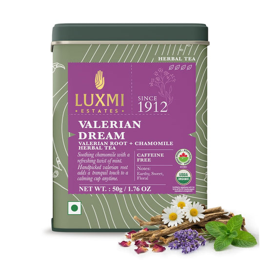 Luxmi Estates Organic Valerian Root, Chamomile, &amp; Lavender Loose Leaf Tea 50g/1.76oz (25 cups) for Sleep | Caffeine Free Wellness Sleep Tea