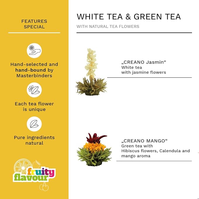 Creano Glass Teapot 44oz (1300ml) with removable stainless steel Tea Infuser - includes 2 Blooming Teas - Giftset - Tea Kettle and Tea Maker