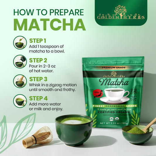 Golden Herbs Matcha Superior Ceremonial Blend Green Tea Powder from Uji, Kyoto, USDA Organic, Gluten-Free Vegan, 100% Pure Unsweetened, No Additivesm, Resealable Freshness Pouch (60 Grams / 2.12 OZ)