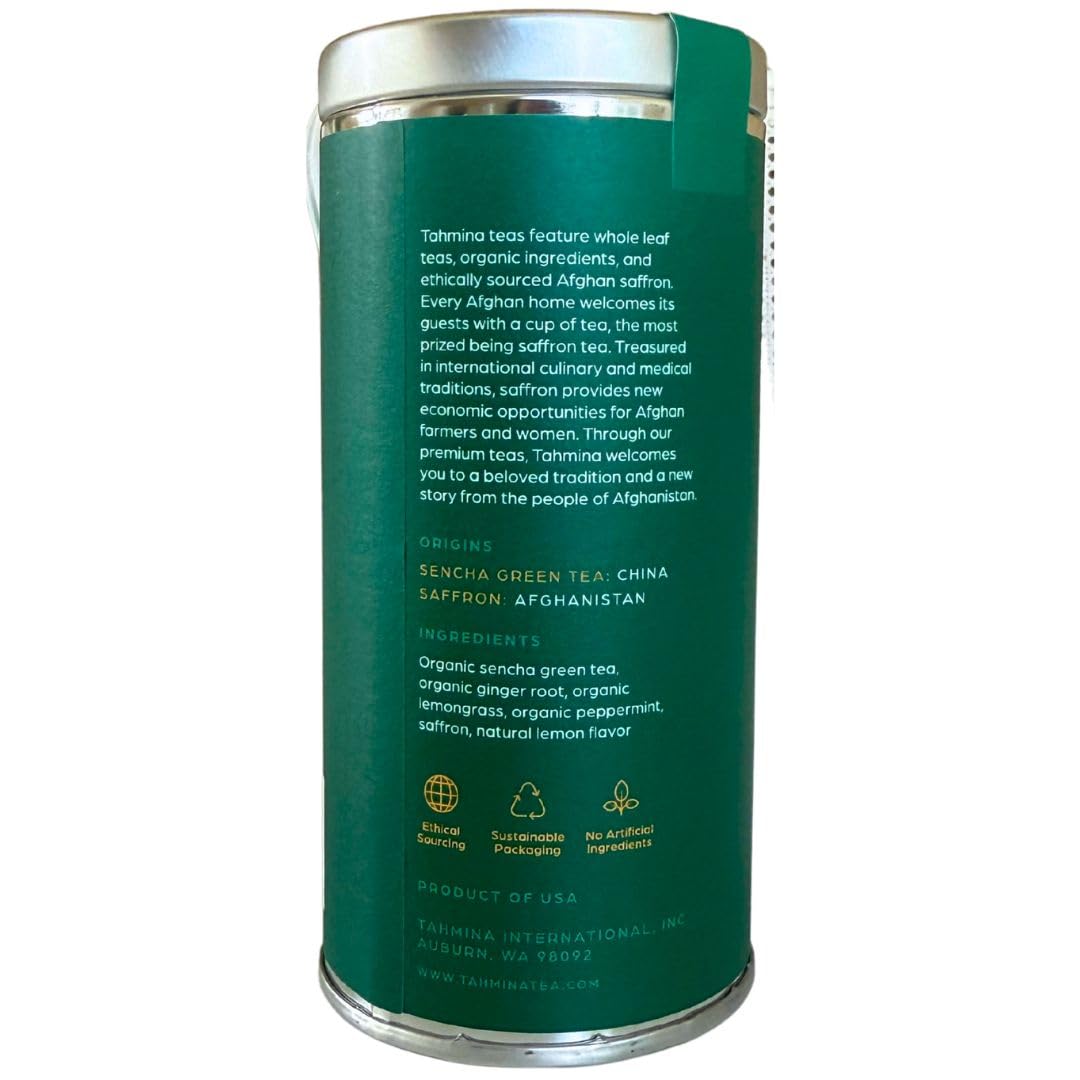 Tahmina Saffron Sencha Tea: Chinese Green Tea Blend with Afghan Saffron, Moderately Caffeinated Tea, 12 Biodegradable Pyramid Tea Bags, Makes 36 Cups (1 Pack)