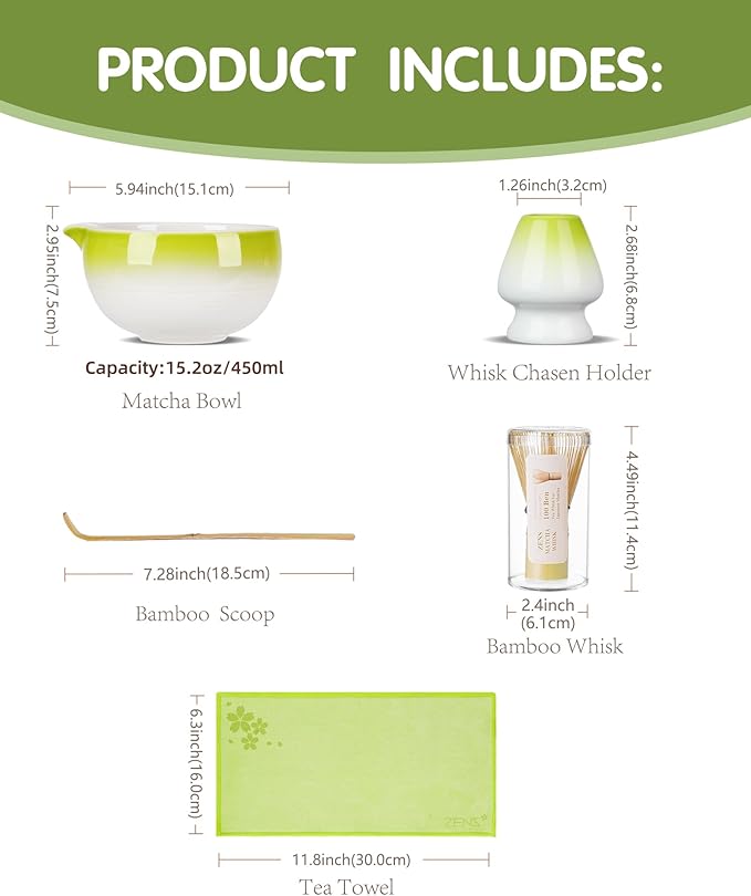 ZENS Matcha Whisk Set, 5pcs Matcah Kit Includes Ceramic Bowl with Spout, Handcrafted Bamboo Whisk, (Chasen) Holder, Scoop & Tea Mat, Matcha Set Gift for Tea Ceremony, Green