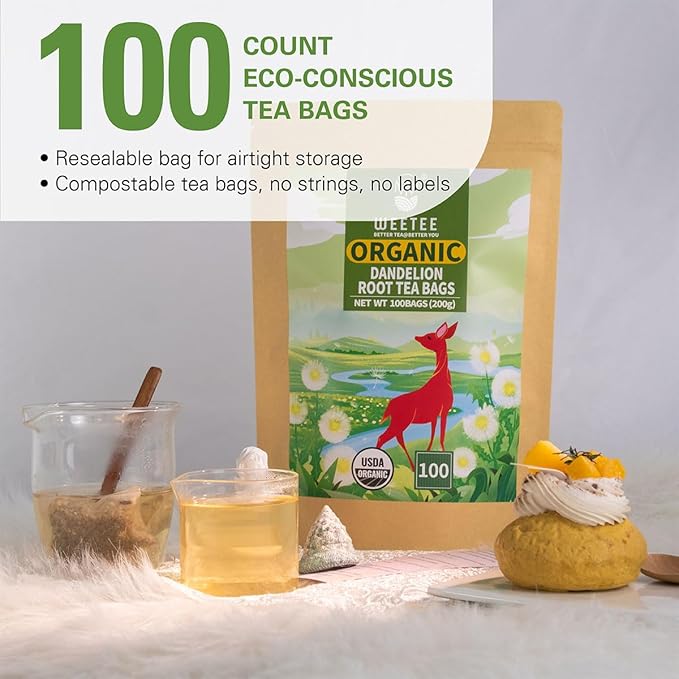 WT Weetee Organic Dandelion Root Tea Bags, Pure Raw Dandelion Root 100 Count, Earthy & Refreshing Herbal Tea
