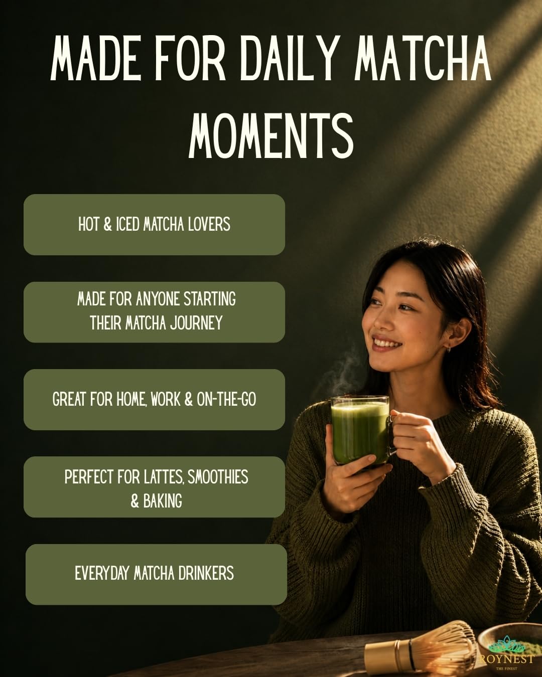 Roynest Premium Organic Matcha Powder - 50g Reseleable Pouch - 1 Pack | Ready to Mix, Pure Matcha for Iced Lattes, Smoothies, Cold Drinks &amp; Baking, Clean Energy, Non-GMO, USDA Certified Organic