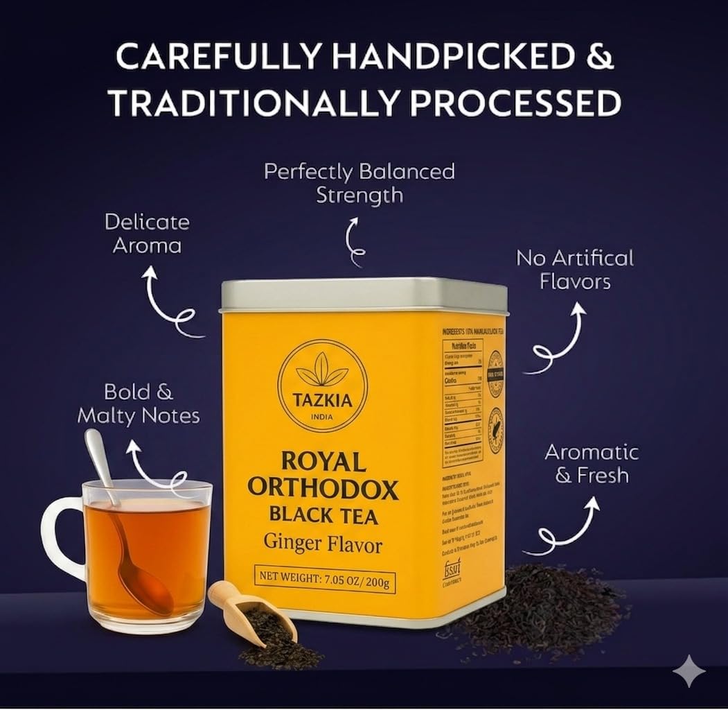 TAZKIA Nilgiri Black Tea (Loose Leaf) – Ginger | Smooth, Non-Bitter Indian Tea | Daily Wellness Teas for Energy, Refresh & Relaxation | 100 Cups Total