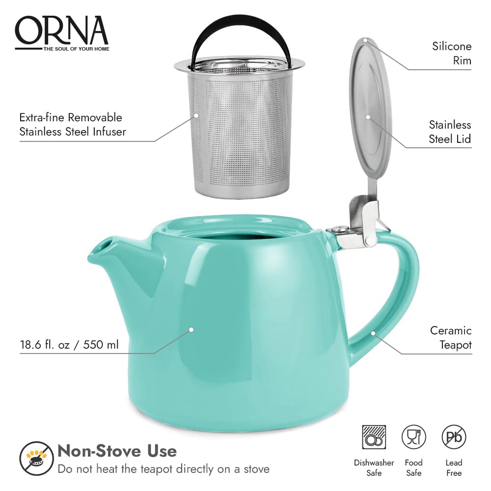 ORNA THE SOUL OF YOUR HOME ORNA Ceramic Teapot with Tea Infuser – Small Tea Pot for Loose Leaf Tea – 550ml / 18.6 Oz