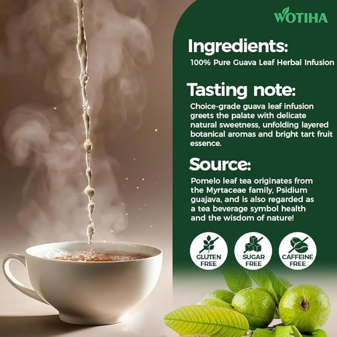 WOTIHA -Natural Guava Leaves Tea 120g. 60 Herbal Tea bags.100% from Natural Premium guava leaf.hojas de guayaba.Non-GMO • Additive-Free • Caffeine-Freea