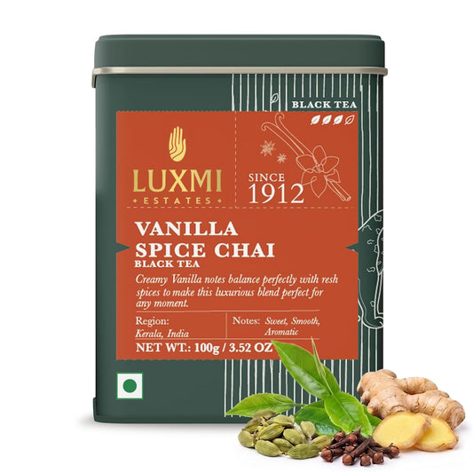 LUXMI Estates Vanilla Spice Chai Loose Leaf Black Tea 100g/3.52oz (50 cups) | Smooth, Flavorful, Robust, Caffeinated