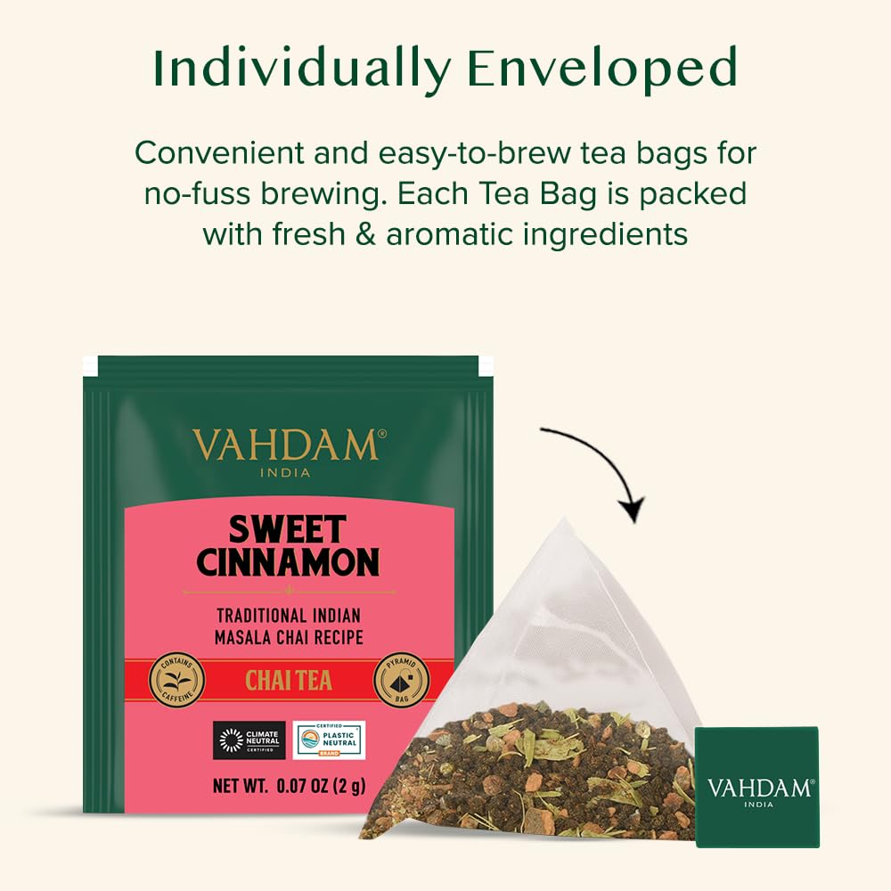 VAHDAM Sweet Cinnamon Tea (30 Pyramid Tea Bags) | Non-GMO, Gluten-Free, No Artificial Flavors | Cinnamon Masala Chai | Whole