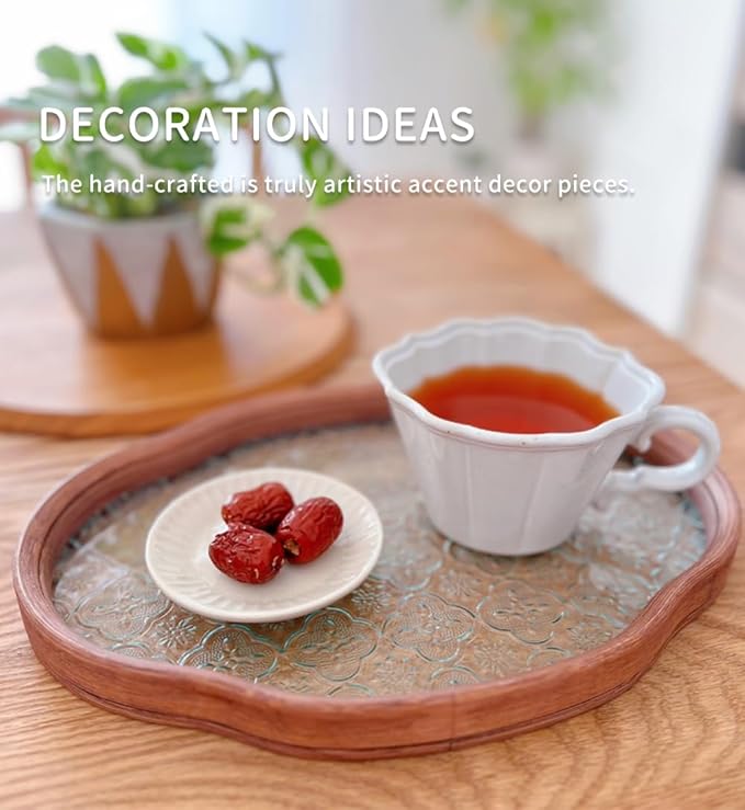 IwaiLoft Glass Serving Tray with The Crabapple Pattern Glass and Walnut for Kitchen Countertop Home Decor for Coffee Table
