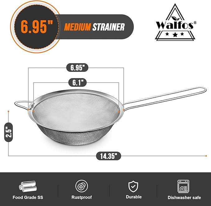 Walfos 6.95 Inch Fine Mesh Strainers, Premium Stainless Steel Colanders and Sifters, with Reinforced Frame and Sturdy Handle, Perfect for Sift