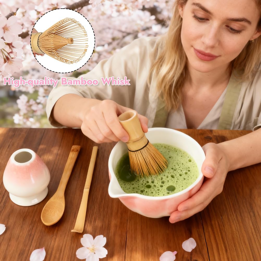 Matcha Whisk Set, 6 PCS Matcha Set-Ceramic Bowl, Matcha Whisk, Whisk Holder, Scoop, Spoon &amp; Sifter, Complete Matcha Ceremony Kit Set (Pink)