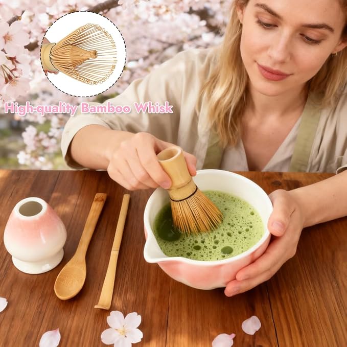Matcha Whisk Set, 6 PCS Matcha Set-Ceramic Bowl, Matcha Whisk, Whisk Holder, Scoop, Spoon & Sifter, Complete Tea Ceremony Kit Set