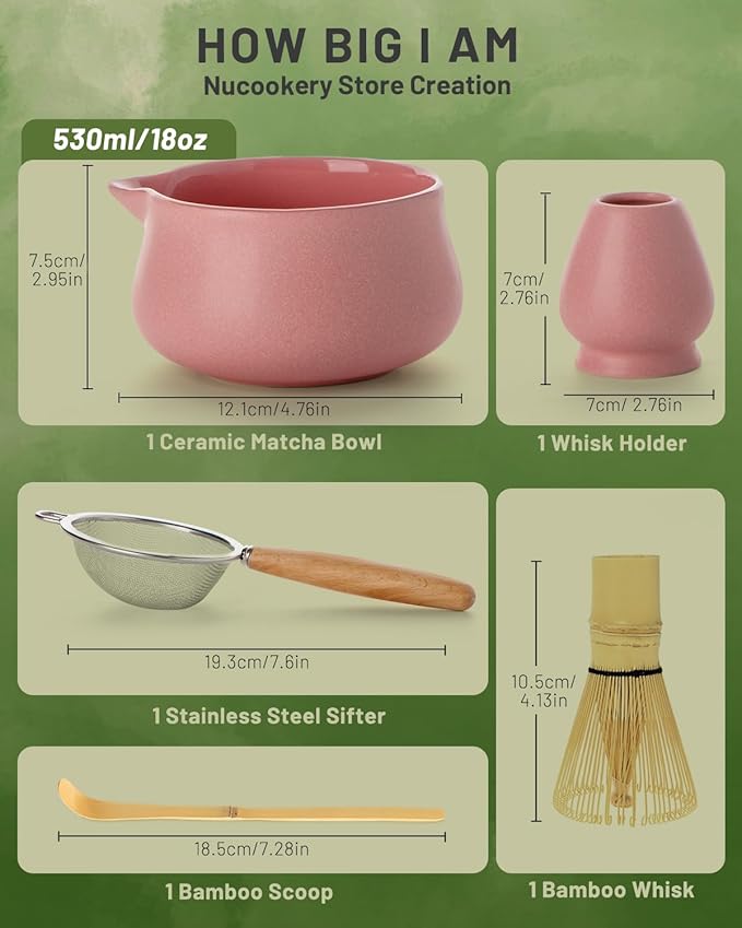 Nucookery Matcha Whisk Set - 5 Pcs Matcha Set with 18oz Ceramic Matcha Bowl (Chawan) with Spout, Bamboo Whisk & Holder, Scoop and Sifter