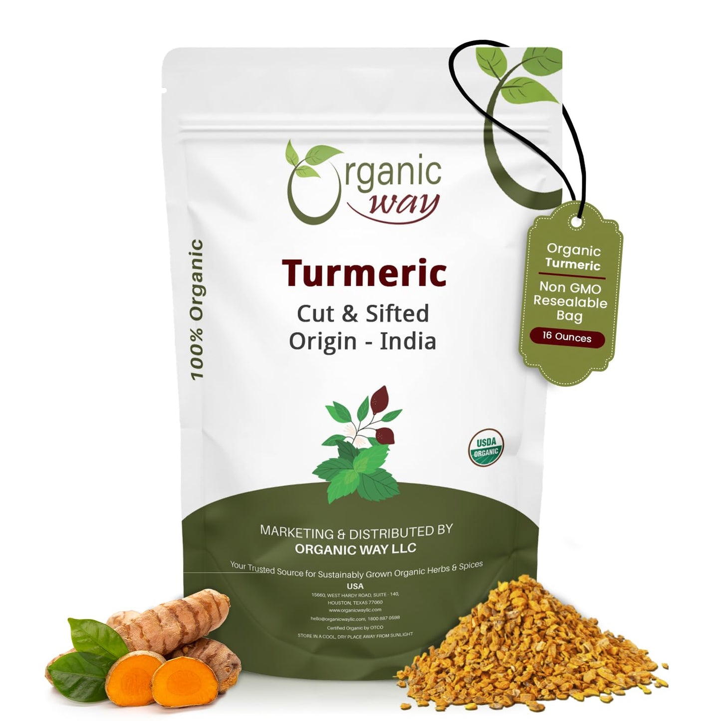 Organic Way Turmeric/Haldi Root Cut &amp; Sifted - Herbal Tea (16 Ounce) | Curcuma Longa botanical herb, USDA Organic and Kosher Certified; raw, vegan, Non-GMO, and gluten-free.