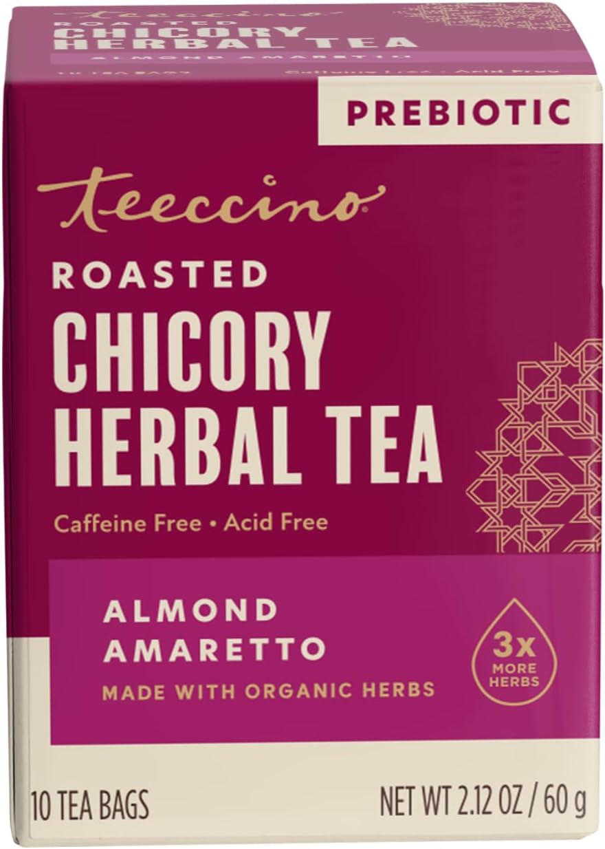 Teeccino Herbal Tea - Almond Amaretto - Rich &amp; Roasted Herbal Tea That's Caffeine Free &amp; Prebiotic for Natural Energy, 10 Tea Bags